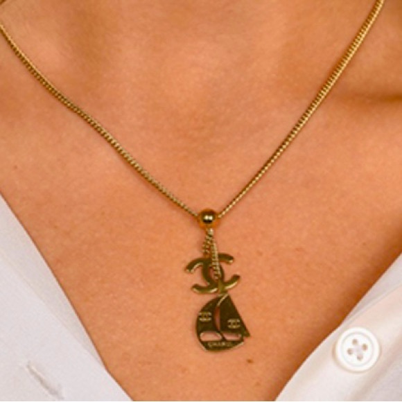 Chanel CC Logo and Sailboat Necklace Chain length: 10.5", Pendant : 2" EUC - Picture 1 of 9